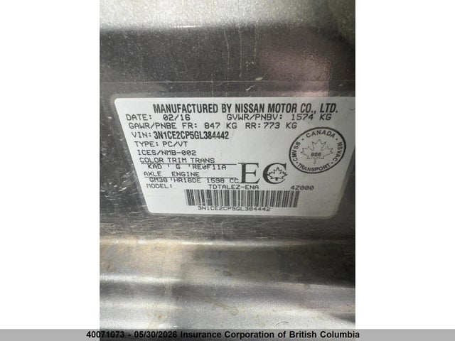 2016 Nissan Versa მანქანა იყიდება აუქციონზე, vin: 3N1CE2CP5GL384442, აუქციონის ნომერი: 40071073