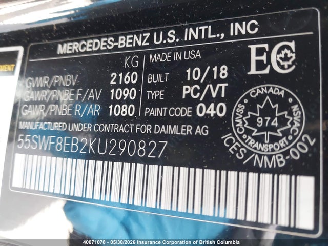 Aukcja sprzedaży 2019 Mercedes-benz C 300 4matic, vin: 55SWF8EB2KU290827, numer aukcji: 40071078