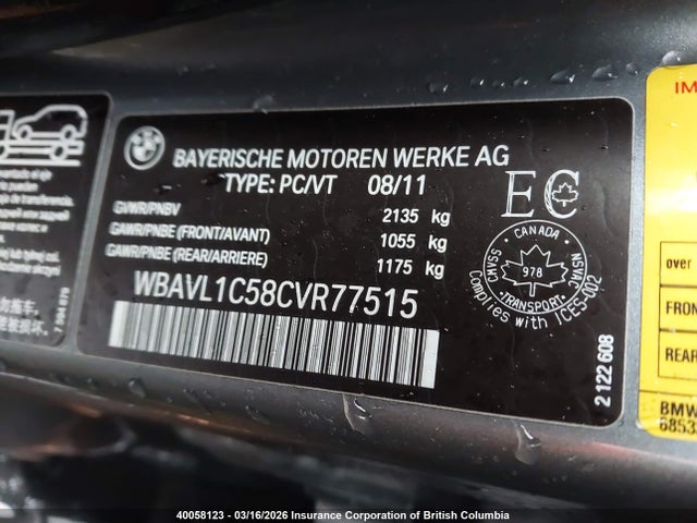 40058123 :رقم المزاد ، WBAVL1C58CVR77515 vin ، 2012 Bmw X1 Xdrive28i مزاد بيع