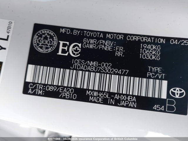 40071088 :رقم المزاد ، JTDADABU7S3029477 vin ، 2025 Toyota Prius مزاد بيع