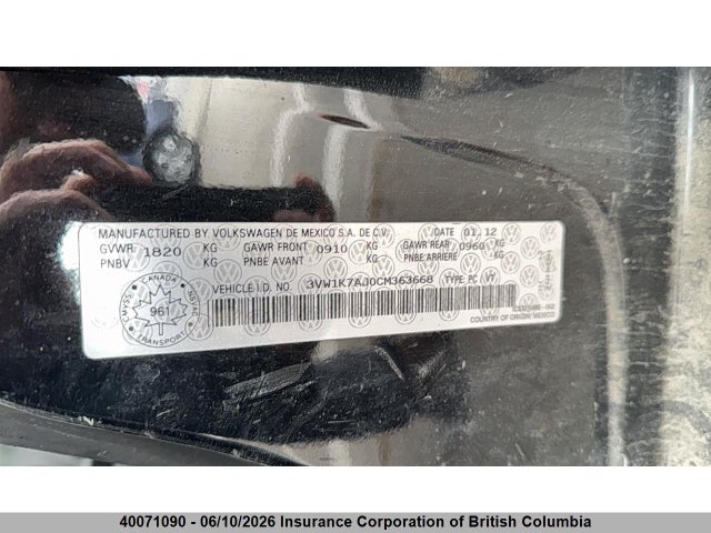 Aukcja sprzedaży 2012 Volkswagen Jetta, vin: 3VW1K7AJ0CM363668, numer aukcji: 40071090