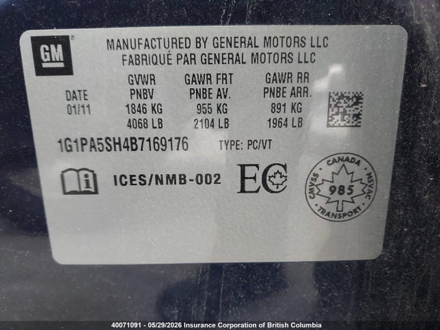 Продаж на аукціоні авто 2011 Chevrolet Cruze, vin: 1G1PA5SH4B7169176, номер лоту: 40071091