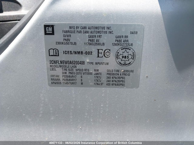 40071133 :رقم المزاد ، 2CNFLNEW0A6200408 vin ، 2010 Chevrolet Equinox Lt مزاد بيع