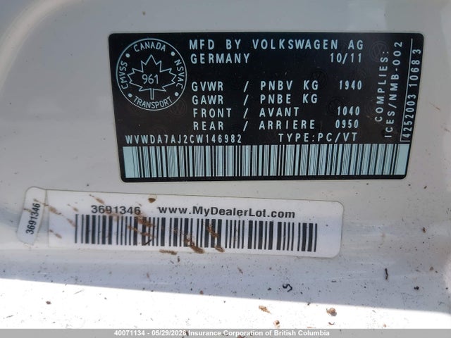 Aukcja sprzedaży 2012 Volkswagen Golf, vin: WVWDA7AJ2CW146982, numer aukcji: 40071134