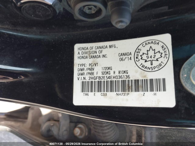 40071138 :رقم المزاد ، 2HGFB2E54EH036136 vin ، 2014 Honda Civic مزاد بيع