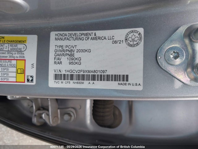 2021 Honda Accord Touring მანქანა იყიდება აუქციონზე, vin: 1HGCV2F9XMA801097, აუქციონის ნომერი: 40071145