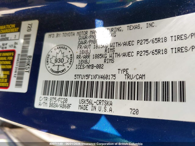 40071149 :رقم المزاد ، 5TFUY5F1XFX460175 vin ، 2015 Toyota Tundra Sr 5.7l V8 مزاد بيع