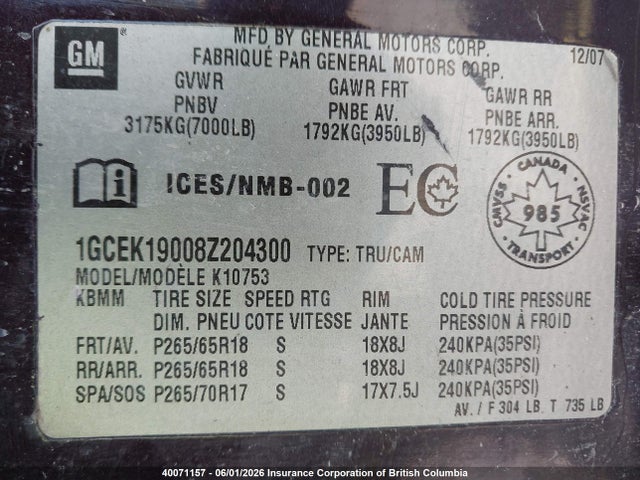 Aukcja sprzedaży 2008 Chevrolet Silverado K1500, vin: 1GCEK19008Z204300, numer aukcji: 40071157