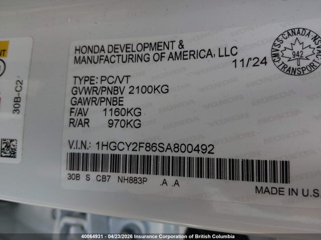 Aukcja sprzedaży 2025 Honda Accord Touring Hybrid, vin: 1HGCY2F86SA800492, numer aukcji: 40064931