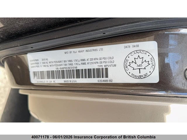 40071178 :رقم المزاد ، 4S4BP62C697310149 vin ، 2009 Subaru Outback 2.5 I Limited Package مزاد بيع