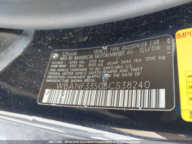 2006 Bmw 525xi მანქანა იყიდება აუქციონზე, vin: WBANF33506CS38240, აუქციონის ნომერი: 40071189