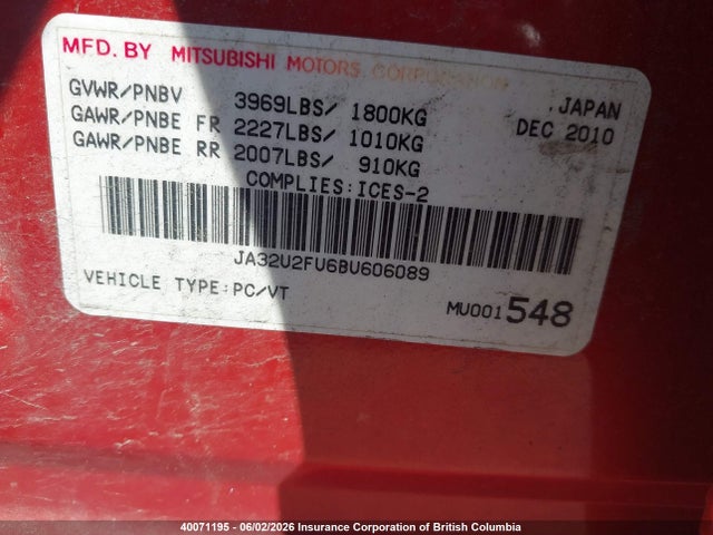 Aukcja sprzedaży 2011 Mitsubishi Lancer Se, vin: JA32U2FU6BU606089, numer aukcji: 40071195
