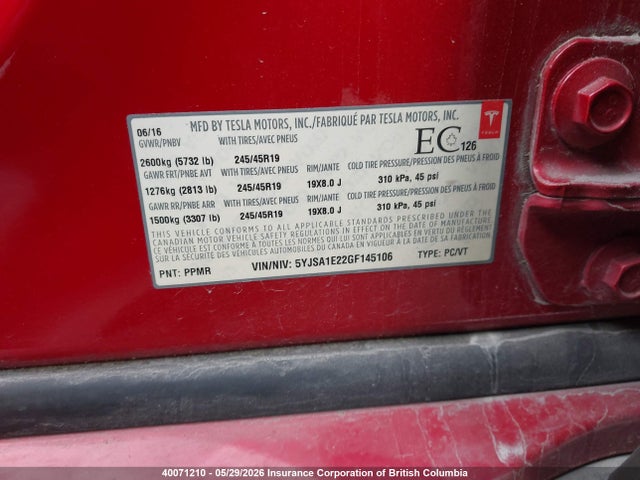Tesla MODEL S 2016 5YJSA1E22GF145106 Image 9