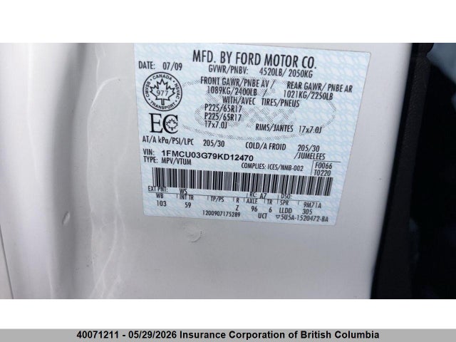 40071211 :رقم المزاد ، 1FMCU03G79KD12470 vin ، 2009 Ford Escape Xlt مزاد بيع