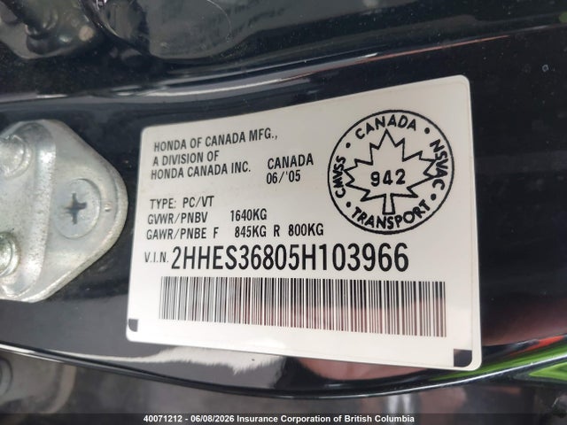 Продажа на аукционе авто 2005 Acura El, vin: 2HHES36805H103966, номер лота: 40071212