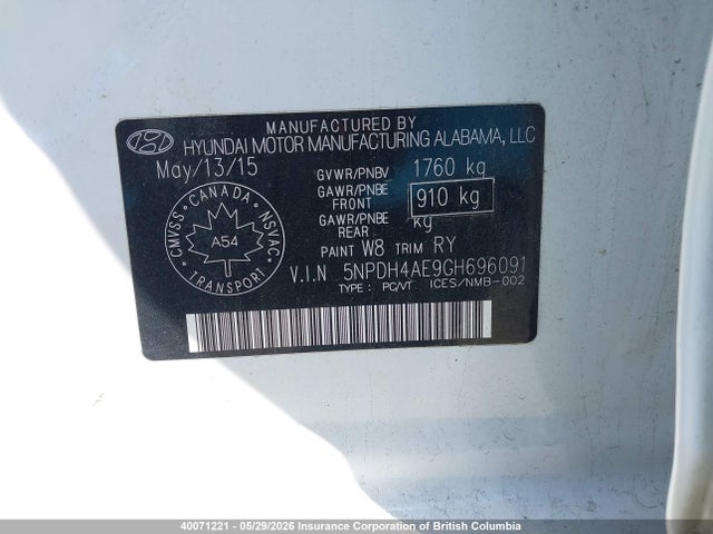 40071221 :رقم المزاد ، 5NPDH4AE9GH696091 vin ، 2016 Hyundai Elantra Gl مزاد بيع