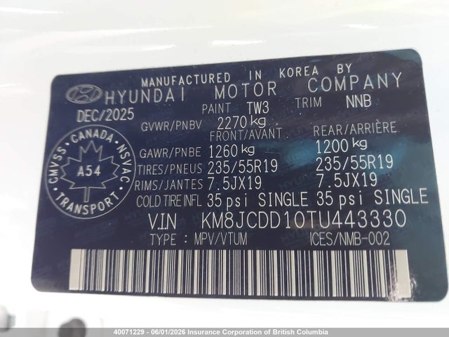 Продаж на аукціоні авто 2026 Hyundai Tucson Sel Convenience, vin: KM8JCDD10TU443330, номер лоту: 40071229