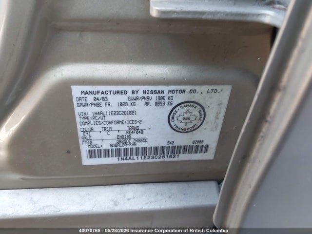 Aukcja sprzedaży 2003 Nissan Altima S/sl, vin: 1N4AL11E23C261621, numer aukcji: 40070765