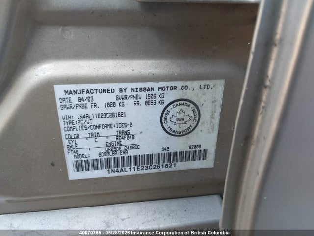 Aukcja sprzedaży 2003 Nissan Altima S/sl, vin: 1N4AL11E23C261621, numer aukcji: 40070765