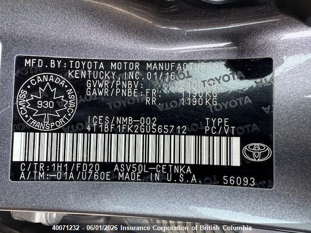 2016 Toyota Camry მანქანა იყიდება აუქციონზე, vin: 4T1BF1FK2GU565712, აუქციონის ნომერი: 40071232