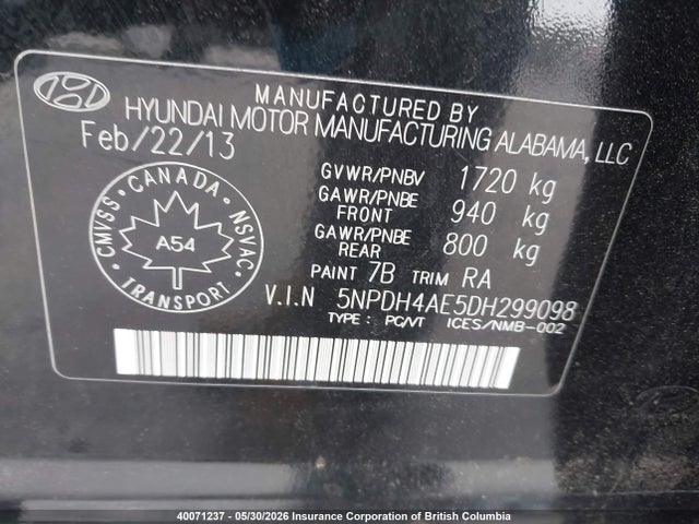 Aukcja sprzedaży 2013 Hyundai Elantra Gl, vin: 5NPDH4AE5DH299098, numer aukcji: 40071237