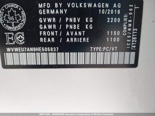 Продаж на аукціоні авто 2017 Volkswagen Cc, vin: WVWEU7AN9HE505837, номер лоту: 40071244