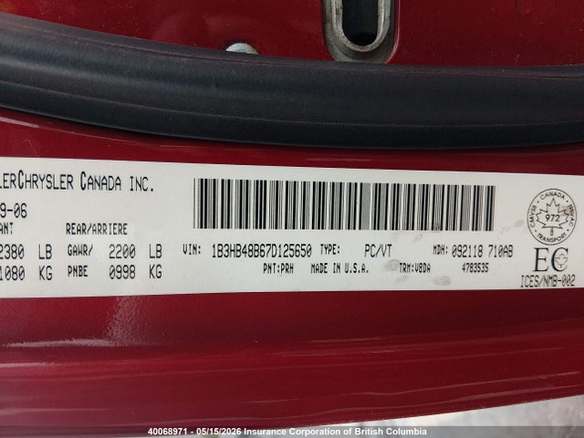 40068971 :رقم المزاد ، 1B3HB48B67D125650 vin ، 2007 Dodge Caliber Sxt مزاد بيع