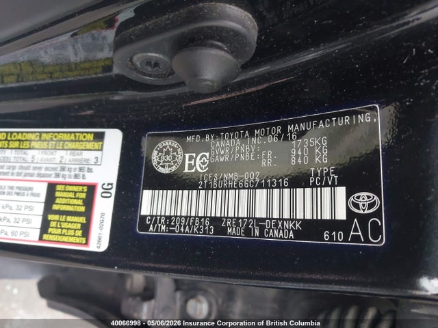 2T1BURHE6GC711316 Toyota Corolla L/le/le Pls/prm/s/s Pls