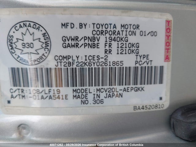 40071262 :رقم المزاد ، JT2BF22K6Y0261865 vin ، 2000 Toyota Camry مزاد بيع