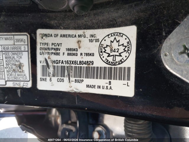 40071264 :رقم المزاد ، 1HGFA163X6L804829 vin ، 2006 Honda Civic مزاد بيع