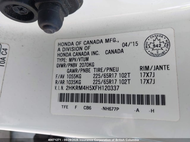 40071271 :رقم المزاد ، 2HKRM4H5XFH120337 vin ، 2015 Honda Cr-v مزاد بيع