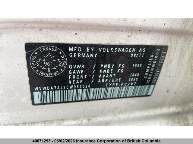 2012 Volkswagen Golf მანქანა იყიდება აუქციონზე, vin: WVWDA7AJ2CW083026, აუქციონის ნომერი: 40071293