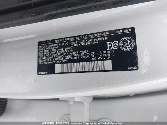 2019 Volvo Xc90 T6 Inscription მანქანა იყიდება აუქციონზე, vin: YV4A22PL4K1415827, აუქციონის ნომერი: 40055819