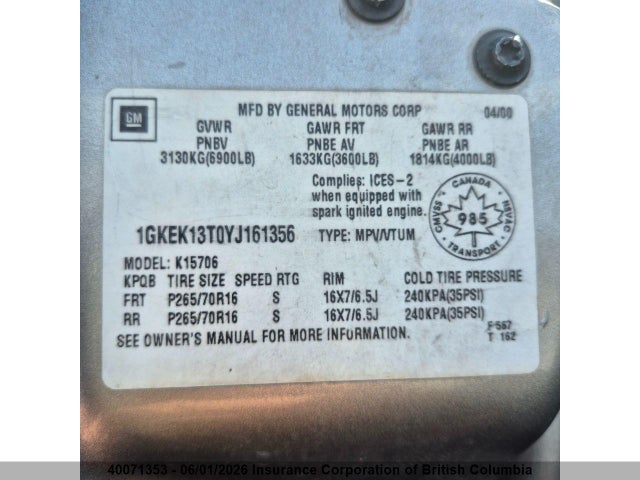 40071353 :رقم المزاد ، 1GKEK13T0YJ161356 vin ، 2000 Gmc Yukon مزاد بيع