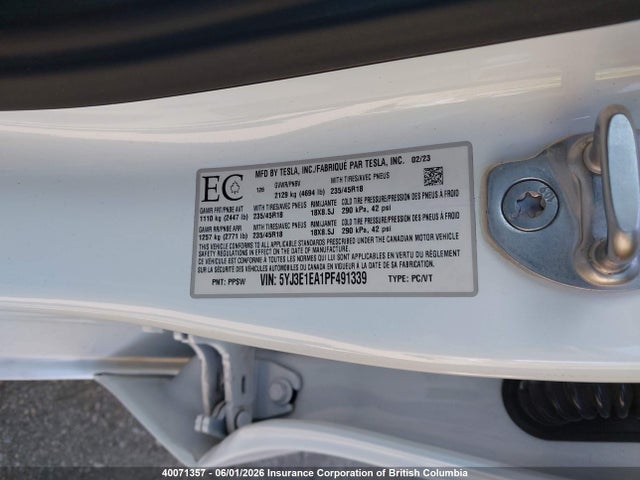 5YJ3E1EA1PF491339 Tesla MODEL 3