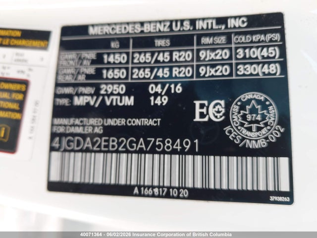 Продаж на аукціоні авто 2016 Mercedes-benz Gle 350d 4matic, vin: 4JGDA2EB2GA758491, номер лоту: 40071364