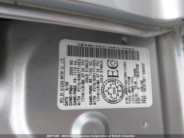Aukcja sprzedaży 2006 Nissan X-trail Xe/se, vin: JN8BT08V16W212383, numer aukcji: 40071395