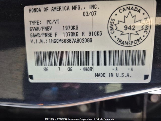 Продажа на аукционе авто 2007 Honda Accord Ex, vin: 1HGCM66887A802089, номер лота: 40071397