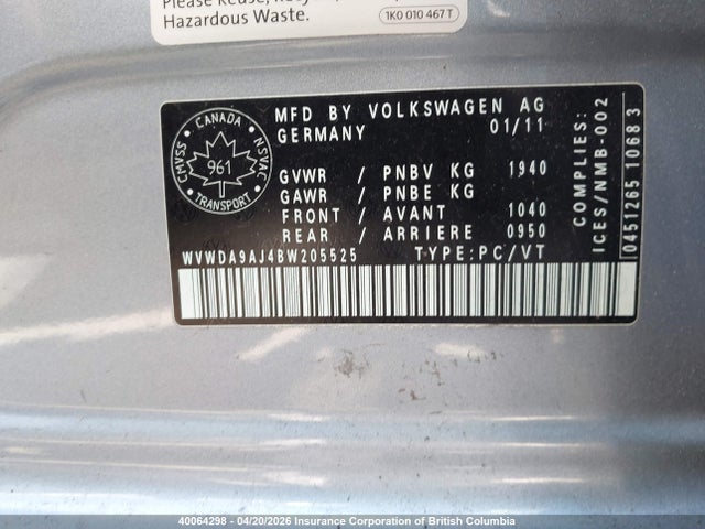 Продаж на аукціоні авто 2011 Volkswagen Golf, vin: WVWDA9AJ4BW205525, номер лоту: 40064298