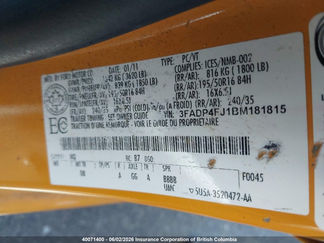Продажа на аукционе авто 2011 Ford Fiesta Ses, vin: 3FADP4FJ1BM181815, номер лота: 40071400