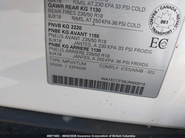 Продажа на аукционе авто 2018 Audi Q3, vin: WA1ECCFS8JR000018, номер лота: 40071402