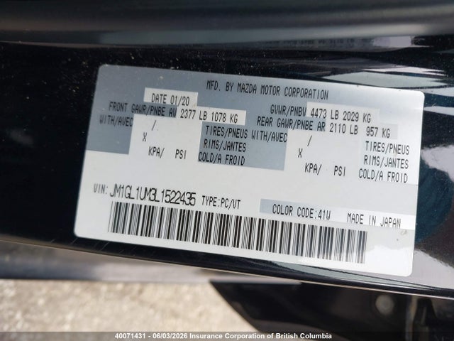 Aukcja sprzedaży 2020 Mazda Mazda6 Gs, vin: JM1GL1UM3L1522435, numer aukcji: 40071431