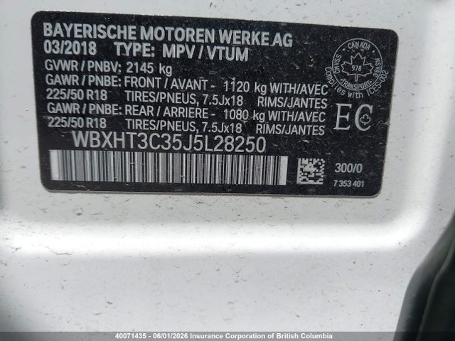 40071435 :رقم المزاد ، WBXHT3C35J5L28250 vin ، 2018 Bmw X1 مزاد بيع