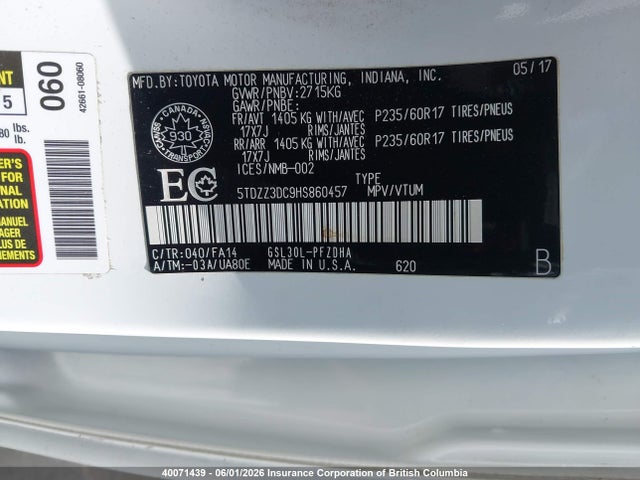 Auction sale of the 2017 Toyota Sienna, vin: 5TDZZ3DC9HS860457, lot number: 40071439