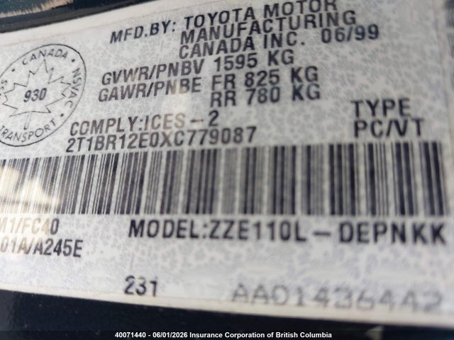 Aukcja sprzedaży 1999 Toyota Corolla Ve/ce/le, vin: 2T1BR12E0XC779087, numer aukcji: 40071440