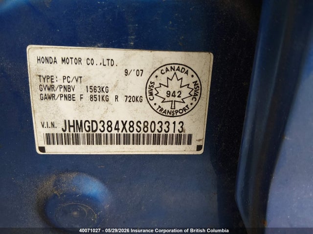 Продаж на аукціоні авто 2008 Honda Fit, vin: JHMGD384X8S803313, номер лоту: 40071027