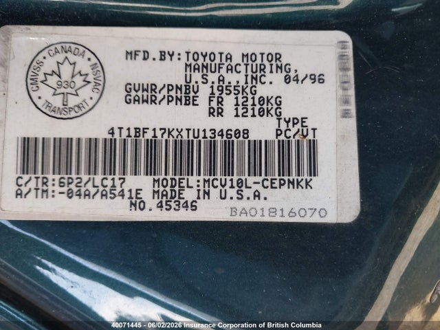 1996 Toyota Camry მანქანა იყიდება აუქციონზე, vin: 4T1BF17KXTU134608, აუქციონის ნომერი: 40071445