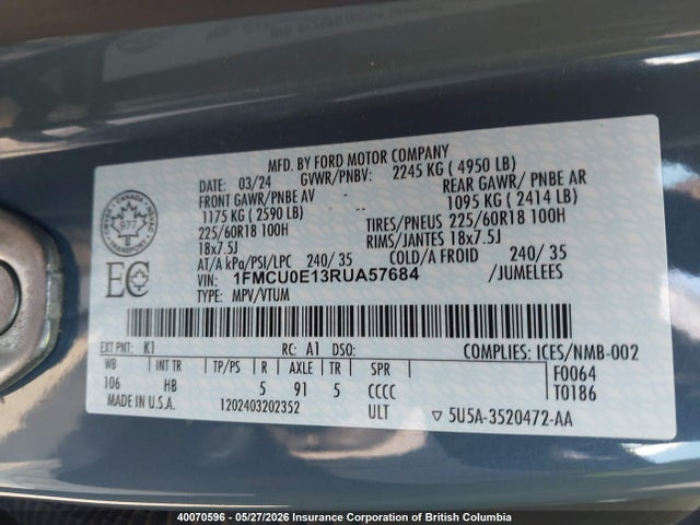 2024 Ford Escape მანქანა იყიდება აუქციონზე, vin: 1FMCU0E13RUA57684, აუქციონის ნომერი: 40070596