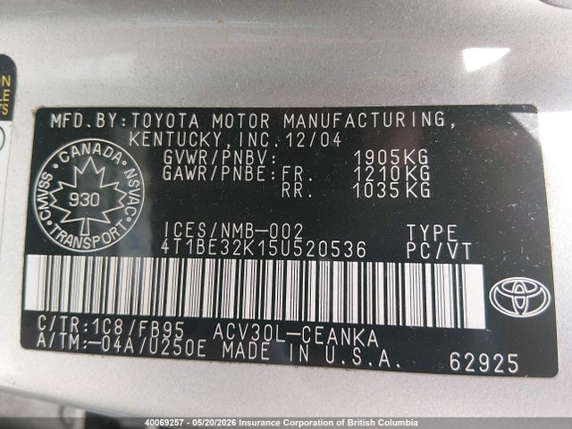 2005 Toyota Camry Le/xle/se მანქანა იყიდება აუქციონზე, vin: 4T1BE32K15U520536, აუქციონის ნომერი: 40069257