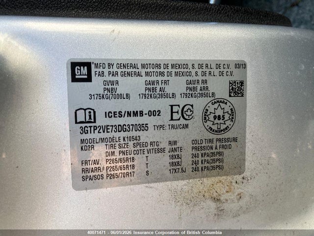 Auction sale of the 2013 Gmc Sierra K1500 Sle, vin: 3GTP2VE73DG370355, lot number: 40071471